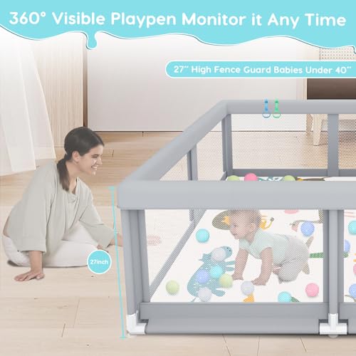 Fshibila 50" ×50" Baby Playpen with Mat, Baby Playard for Babies and Toddlers, Play Pens for Indoor & Outdoor, Sturdy Safety Play Yard with Soft Breathable Mesh, Anti-Fall, Ball x 18, Handle x 2, Grey - color: Grey, size: 50 × 50 Inch + Mat&handle&ball