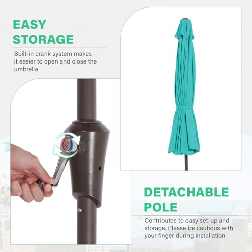 JEAREY 9 FT Patio Umbrella Outdoor, Table Umbrellas Market Umbrella w/Push Button Tilt/Crank, 8 Sturdy Ribs(Teal) - color: Teal