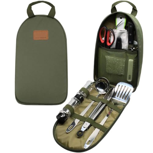 Camp Kitchen Utensil Organizer Travel Set Portable BBQ Camping Cookware Stainless Steel Utensils Travel Kit Outdoor Equipment Cutting Board Tongs Scissors Knife Ladle Spatula - color: New Version OD Green