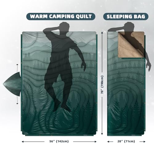 Outdoor Camping Blanket with Sherpa Lining, Extra Warm Thick Camp Blankets and Puffy Ultralight Soft Poncho DWR Camping Quilt for Cold Weather, Adventure, Sleeping, Backpacking 78"x 56" - color: Hooded - Pale Green, size: 78 X 56 Inches