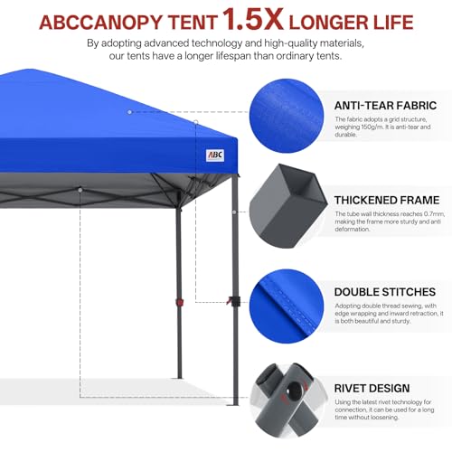 ABCCANOPY 10x10 Pop Up Canopy Tent, Easy Setup Instant Canopy with Wheeled Bag, Heavy Duty Outdoor Canopy for Beach, Market, Backyard, UV Protection, Outdoor Weather Protection (Royal Blue, 10x10) - color: Royal Blue, size: 10x10