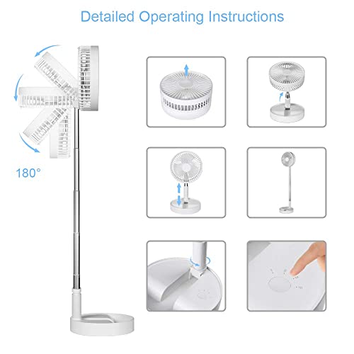 Pedestal Fan Foldaway, Portable, Rechargeable, Desk or Floor suitable for Home Kitchen Camping (White) (No remote control) - color: P9-white