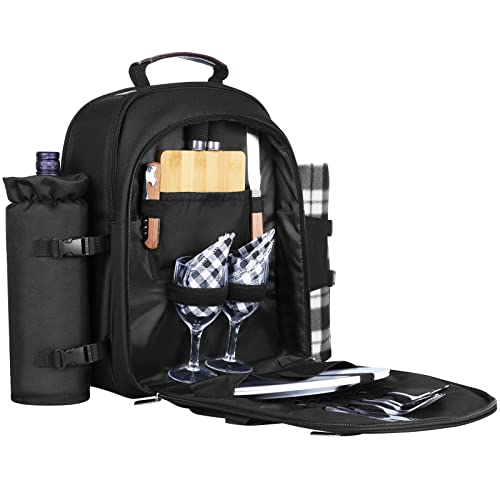 Sunflora Insulated Picnic Backpack for 2 Person Bag with Cooler Compartment, Wine Pouch, Blanket and Stainless Steel Cutlery Set for Couple, Lovers and Friends (Black) - color: Black, size: 2 person