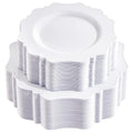 COLOSUS 100 pcs White Plastic Plates Set,Fancy Beaded Plates-European Retro plates include 50 dinner plates and 50 dessert plates,Plastic Disposable plates for BBQ and Party - color: White