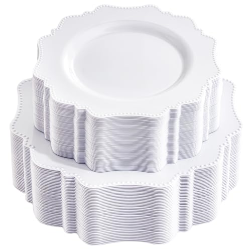 COLOSUS 100 pcs White Plastic Plates Set,Fancy Beaded Plates-European Retro plates include 50 dinner plates and 50 dessert plates,Plastic Disposable plates for BBQ and Party - color: White