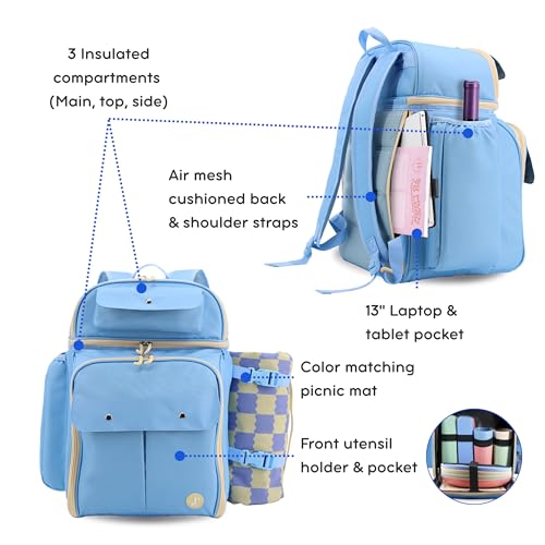 J World Picnic Backpack Cooler for 4. Insulated Picnic Basket Set with Folding Waterproof Blanket. Beach Camping Wedding Engagement Gift for Couples, Sky Blue - color: Sky Blue