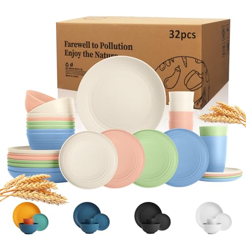 Wrova Wheat Straw Dinnerware Set of 32, Unbreakable Dinner Plates and Bowls Sets Service for 8, Microwave & Dishwasher Safe Dishes Set for Kitchen and Dining.Nordic Series - color: Nordic Series, size: 32 Pack