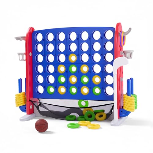 Jumbo 4-in-a-Row Giant Connect Game - Adjustable Height (2.5-3.5 ft) Stand, Quick-Release Slider, 42 Rings, Indoor Outdoor Party/Family Game for Kids & Adults-Blue
