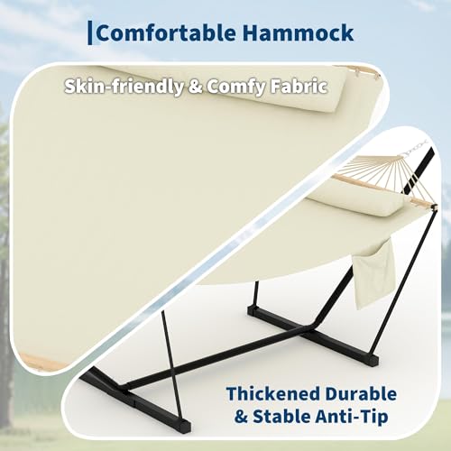 Double Hammock with Stand - Heavy Duty Portable 2 Person Design with Adjustable Steel Stand, Max 450LBS, Ideal for Outdoor Patio, Garden, Beach & Backyard - color: L-beige