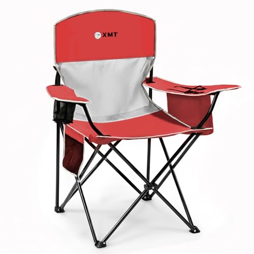 Portable Outdoor Folding Chair with Cup Holder & Cooler Bag - Breathable Mesh, Wide Armrests, Ergonomic Design for Camping, Beach, Backyard - Includes Storage Bag & Bottle Opener (Black/Green/Red) - color: 01-red