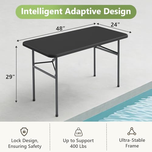 4ft Folding Table 2 Pack, Heavy Duty Plastic Card Table with Foldable Steel Legs, Metal Frame Support up to 400 lb, Portable for Indoor, Outdoor, Picnic, Camping, Dining, Party, Black - color: Black, size: 4FT-2pack