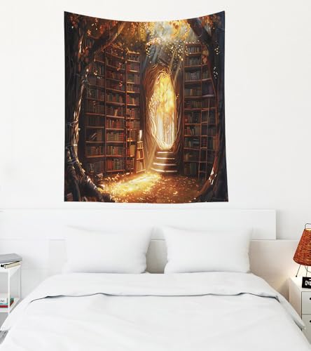 EMMTEEY Enchanting Library Tapestry 50X60 Inch - Fairytale Bookshelf Room Wall Decor Fantasy Medieval Backdrop for Living Room Dorm - color: Fantasy-8, size: 50"L x 60"W