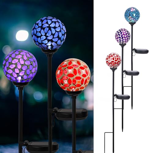 VCUTEKA Solar Garden Decorative Lights Outdoor, Mosaic Solar Light Waterproof LED Pathway Stake Light for Landscape Patio Yard Deck Walkway Decoration, 3 Pack （Blue&Purple&Red） - color: Blue&Purple&Red
