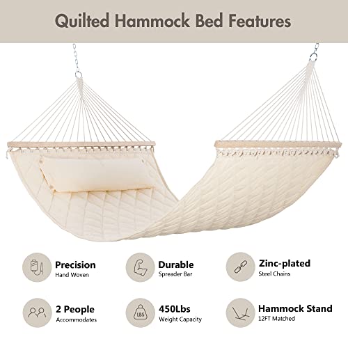 ANOW Two Person Hammock with Spreader Bars and Detachable Pillow, Heavy Duty Hammock for Outdoors Indoors, 450 LBS Weight Capacity, Cream - color: Cream, size: 2 Person Without Stand