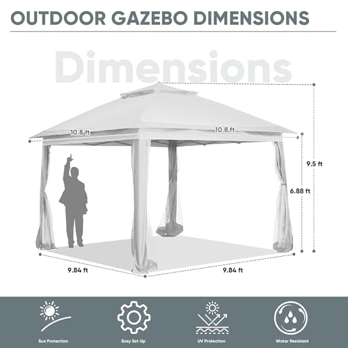 11x11 FT Gazebo Tent, Outdoor Tents for Parties with Mosquito Netting, Folding Heavy Duty Height Adjustable Canopy Tent for Patio Backyard Garden (White) - color: White