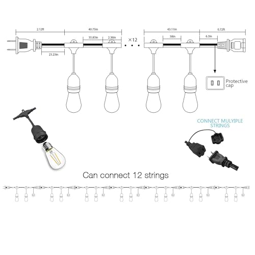 Banord Outdoor String Lights Commercial Grade 96ft Waterproof with 30 S14 Shatterproof Dimmable LED Bulbs, Heavy Duty Hanging Lights for Patio Garden Backyard Decoration, 2W 2x48ft Strands - color: Black, size: 96FT