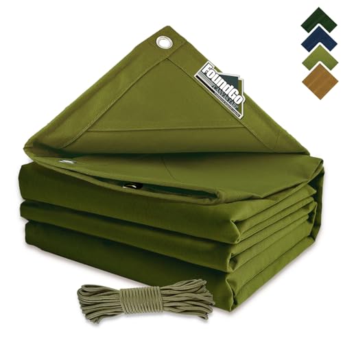 FoundGo 10x12ft Canvas Tarp 22 Mil Tarps 14 oz Canvas Tarpaulin Heavy Duty Cloth Water/UV Resistant Cover with Rustproof Grommets & Ropes for Cars,Roofs,Boats,Camps,Sunshades，Moisture Barrier -Avocado - color: Avocado, size: 10x12 ft