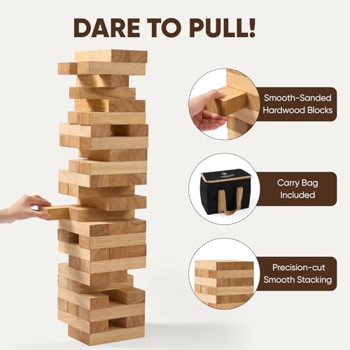 Giant Stacking Tower Game Over 5 FT - Premium Wooden Blocks Stacking Tower Game for Family Party, BBQ & Lawn Games - Natural