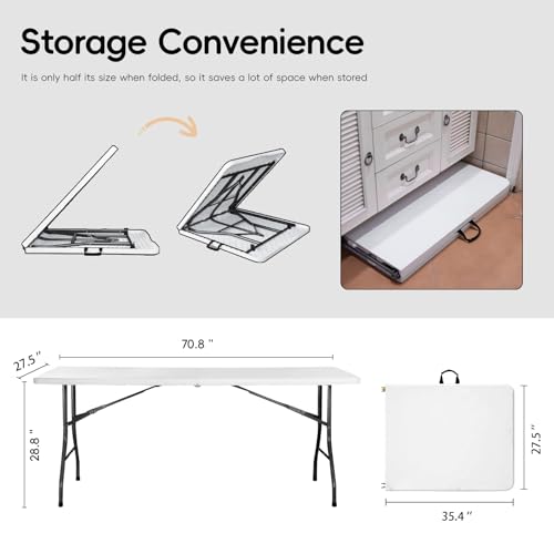 pollilar 6FT Folding Table Plastic 6 Foot Foldable Table HDPE Portable Banquet Surface Fold-in-Half Desk Utility for Working Meeting,Parties, Picnic, Camping, Weddings, Catering, Garden Dining-White - color: White