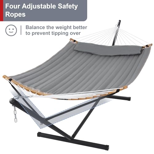 Outdoor Hammock with Stand Included, Heavy Duty Hammock with Curved Spreader Bar, Pillow and Portable Bag, 450 Lbs Capacity, Grey - color: Grey
