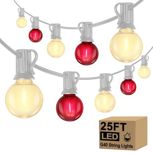 25FT LED Valentine’s Day String Lights, 25 G40 Valentines Decoration Lights Outdoor with Frosted Red White Bulbs, Hanging Patio Lights Shatterproof for Mother's Day Decor Wedding Party, White Wire - color: Frosted Red White, size: 25Ft