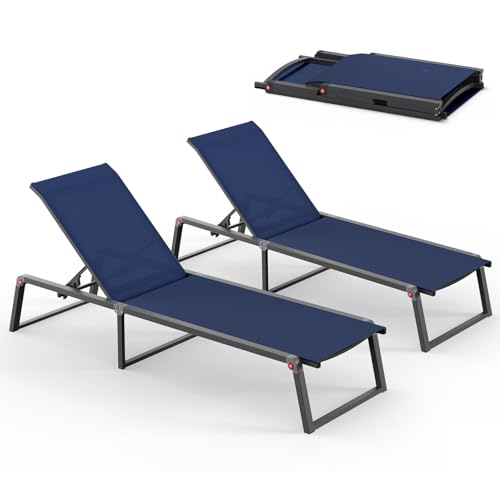 Aluminum Chaise Lounge Chair Outdoor, Foldable& No Assembly Patio Pool Lounge Chairs 5-Position Recliner for Outside, Fully Grounded Legs Sun Lounger for Poolside, Navy Blue, 2 Pack - color: Navy Blue, size: 2