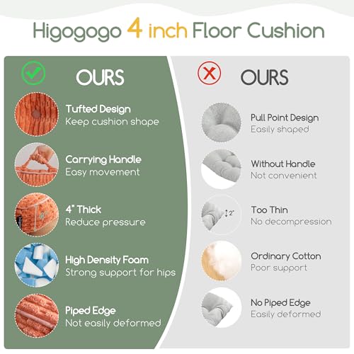 HIGOGOGO Floor Pillow Cushion for Adults, Meditation Cushion Pillow, Blended Corduroy Cover, Large Square Floor Sitting for Tatami Living Room or Yoga, 2Pack, Coral - color: Square Coral, size: 4" Thick(Pack of 2)