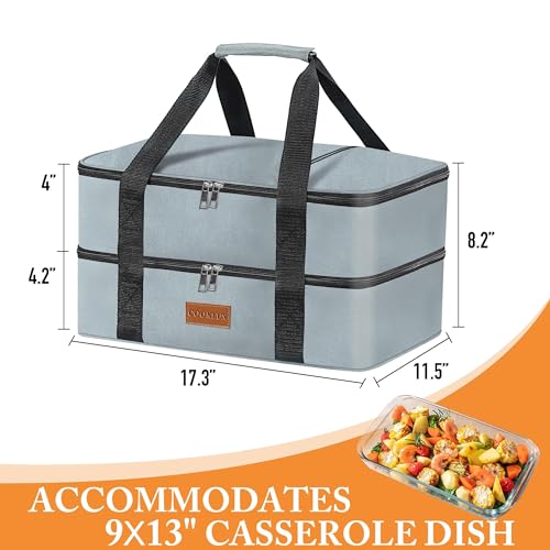 Double Decker Insulated Casserole Carrier for Hot or Cold Food, Food Warmer Bag for Potluck Parties/Picnic/Cookouts, Fits 9"x13" Baking Dish, Leak Proof Travel Food Containers, Durable Nylon, Grey - color: grey-2