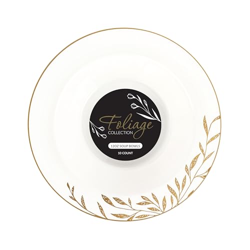 PLASTICPRO 32 Pack Elegant Disposable Plastic Bowls Includes 32 Soup or Salad Bowls Heavy Duty Fancy Party Bowls White & Gold Flower Design - color: White & Gold Flower Design Bowls