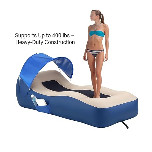 Inflatable Lounger with Detachable Sunshade — Portable Inflatable Sofa — Waterproof Beach Bed & Camping Chair (Ideal for Music Festivals, Hiking,) — Leak-Proof 210T Polyester Material (Sky Blue) - color: Sky Blue