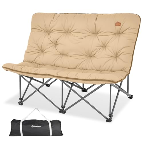 KingCamp Double Camping Chair, Oversized Padded Butterfly Chair Couch Portable Folding Loveseat 600lbs Heavy Duty Comfy Dorm Double Seat with High Back for Outdoor Indoor Patio Home Living Bed Room - color: Loveseat Khaki