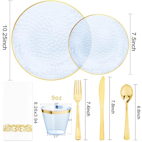 DaYammi 175PCS Clear Blue Gold Plastic Dinnerware Set for 25 Guests, Hammered Disposable Plates for Party, Include: 25 Dinner Plates, 25 Dessert Plates, 75 Gold Silverware, 25 Napkins, 25 Cups - color: Clear Blue, size: 175 Pcs