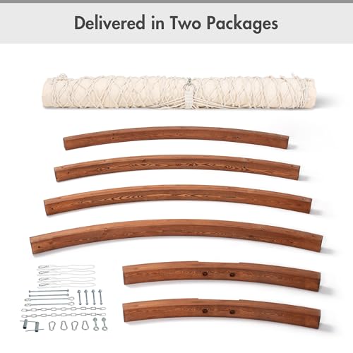 ANOW Heavy Duty Curved Wood Arc Stand with 2 Person Rope Hammock, 13.5FT Larch Wood Stand with 2 Chains, 4 Balance Ropes and 4 Carabiners, Includes Cream Hammock with Spreader Bars - color: Cream