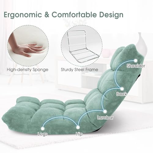 Giantex Floor Chair with Back Support, 14 Adjustable Position, Padded Sleeper Bed, Couch Recliner, Gaming Floor Chairs for Adults, Meditation, Gaming Chair Floor, Green - color: Green, size: 26.5"x22.5"x22"