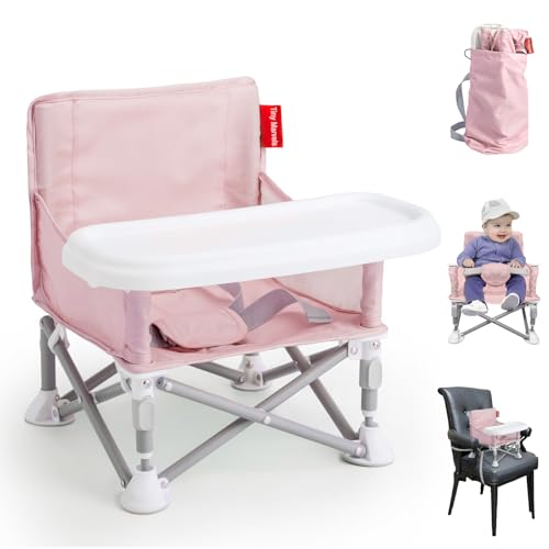 Tiny Marvels Portable Booster Seat, Foldable Baby High Chair with Removable Tray, Safety Harness & Carry Bag – for Toddlers Ages 6M-3Y, Ideal for Dining, Travel, Camping & Family Time - color: Pink