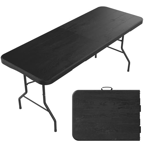 6 Ft Plastic Folding Table,Heavy Duty Portable Table for Indoor & Outdoor,Wood Grain Desktop & 350lbs Weight Capacity,Premium Solutions for Camping,Picnic,BBQ and Party - size: 6ft-black