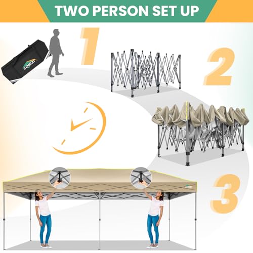 COBIZI 10x20 Pop Up Canopy Tent, Outdoor Party Tent Without Sidewall One Push Setup Glow, 3 Adjustable Height Air Vent Waterproof UPF50+, Bag, 4 Sandbag, 6 Stake, 12 Rope for Beach, Commercial - color: Khaki, size: 10x20