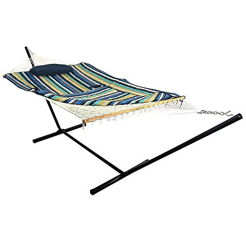 Sunnydaze Rope Hammock with Stand for Outside - Heavy Duty Freestanding Portable Outdoor Hammock Set with Quilted Pad, Pillow, and 12-Foot Steel Frame - 275 lb Capacity - Lakeview - color: Lakeview