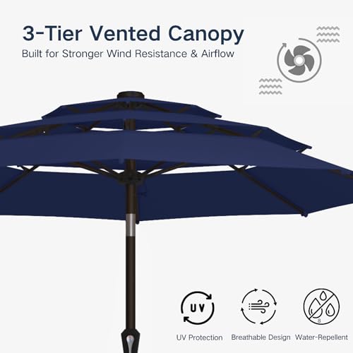 10FT Patio Umbrella 3 Tiers Outdoor Market Umbrella w/Push Button Tilt, Crank, UV and Waterproof Table Umbrella for Garden, Pool, Backyard, Deck, Lawn, Navy Blue - color: Navy Blue
