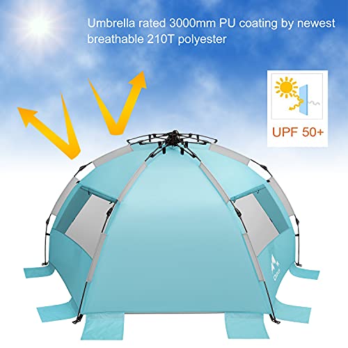 Oileus X-Large 4 Person Beach Tent Sun Shelter - Portable Sun Shade Instant Tent for Beach with Carrying Bag, Stakes, 6 Sand Pockets, Anti UV for Fishing Hiking Camping, Waterproof Windproof, Sky Blue - color: Sky Blue