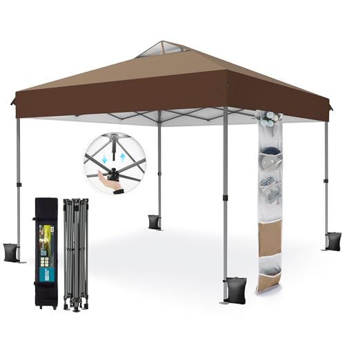 PHI VILLA 10x10ft 1-Person Setup Pop Up Canopy Tent Instant Portable Shelter w/ 1-Button Push, Case, 4 Weight Bags - Dark & Light Brown - color: Dark & Light Brown, size: 10×10 one push