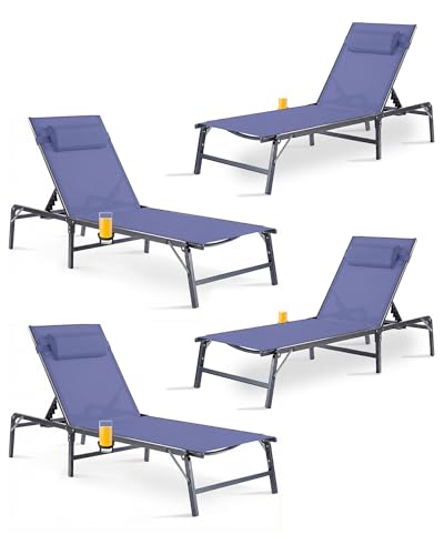 4 Pack Foldable Chaise Lounge Chair with Cup Holder, Assemble-Free Outdoor Lounge Chair with Detachable Pillow and 6 Adjustable Backrest, Patio Lounge Chair for Outside Poolside Beach Pool, Blue - color: Blue, size: 4-Pack