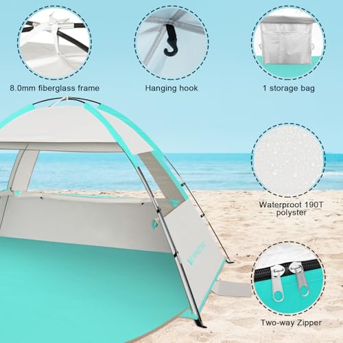 Venustas Beach Tent Sun Shelter for 3/4/6/8 Person, UPF 50+ UV Protection Beach Canopy, Lightweight and Easy Setup Cabana, Portable Shade Tent - color: Mint Green, size: 3 Person