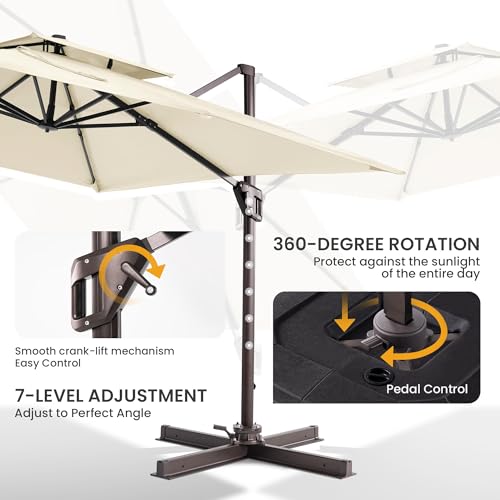 10x10 FT Cantilever Patio Umbrella Double Top Outdoor Square Large Heavy Duty Aluminum Offset Umbrellas with 7 Level Tilt 360-degree Rotation for Pool Garden Deck, Beige - color: Beige, size: 10' X 10' - Umbrella Only