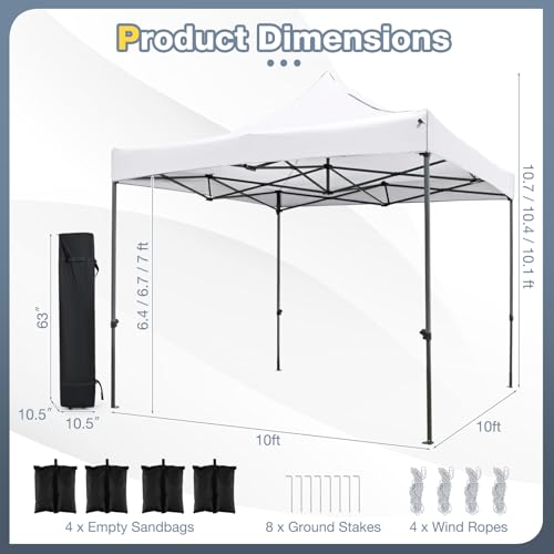 Tangkula 10x10 FT Pop Up Canopy, Instant Setup Outdoor Tent with Heavy-Duty Carbon Steel Frame, Wheeled Bag, 4 Sandbags, 8 Stake, 4 Ropes, Portable Canopy Tent for Parties Events Camping (White) - color: White