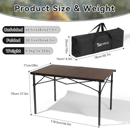 Seazul Camping Table, Large for 2-6 Persons, Supports 230 LBS, Foldable Roll-up Aluminum Camp Table with Carry Bag, Folding Portable Metal Outdoor Table for Picnic, Camp, Dining, Walnut Wood Grain
