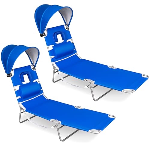 Romswi 2PK Folding Tanning Beach Chair with Face Hole & Canopy Shade, 5-Position Reclining Sun Lounger, Portable Face Down Tanning Chair with Arm Holes & Side Pocket for Beach, Pool & Patio,Royal Blue - color: Royal Blue With Sunshade, size: 2pcs