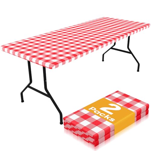 Smiry Picnic Table Cloth 2 Pack, Waterproof Elastic Fitted Tablecloths for 18x72 Rectangle Tables, Washable Polyester Buffalo Plaid Tablecloth for Camping, Dining & Outdoor (Red & White, 18" x 72") - color: Red and White, size: 18" x 72"