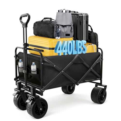 440 LBS Wagons Carts Foldable, Beach Cart with Big All-Terrain Wheels for Sand, Collapsible Folding Wagon with Cup Holders, Utility Carts for Camping, Beach, Garden and Shopping