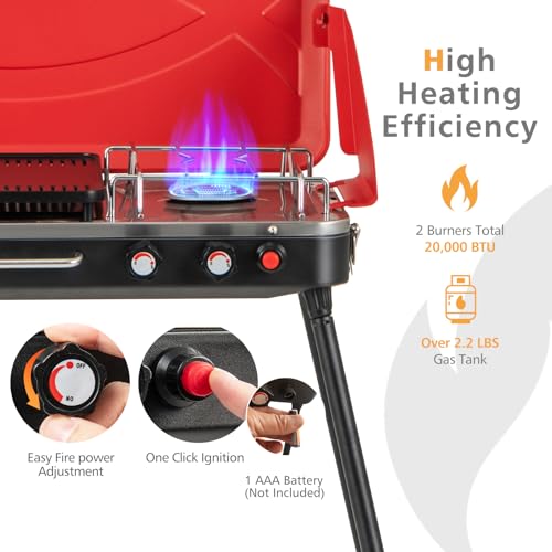 Giantex Portable Propane Grill & Camping Stove, 20,000 BTU Gas Camping Grill Burner, Independent Temperature Control, 3-Sided Wind Guard, Detachable Legs, for BBQ, Tailgating, Outdoor Cooking (Red) - color: Red